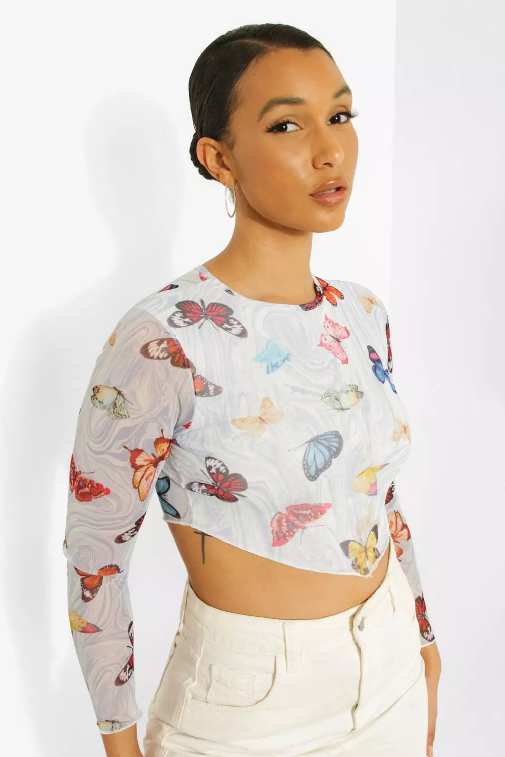 Blue Butterfly Mesh Pointed Hem Crop Top alternative image