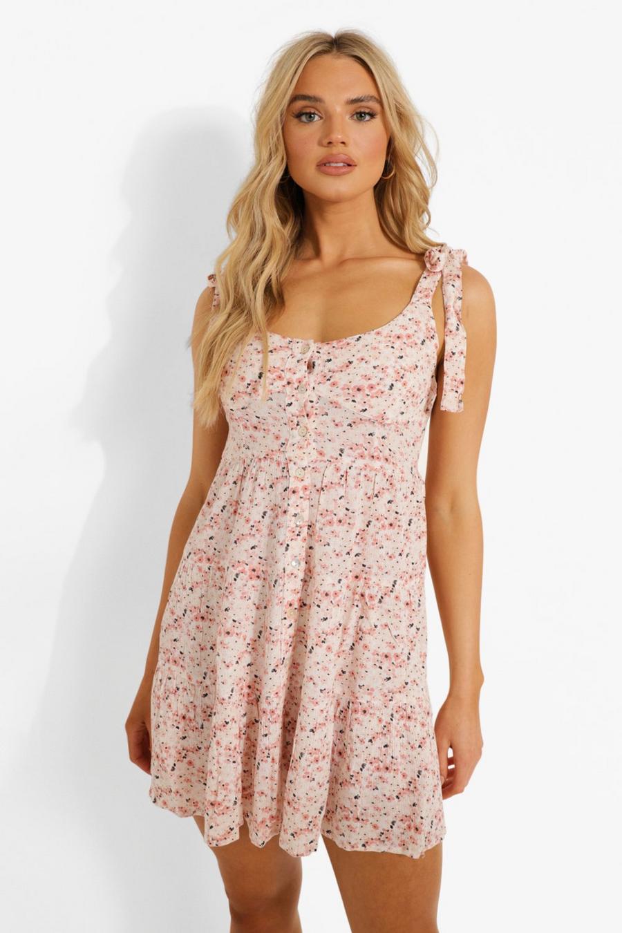Pink Floral Print Strappy Mini Dress image number 1