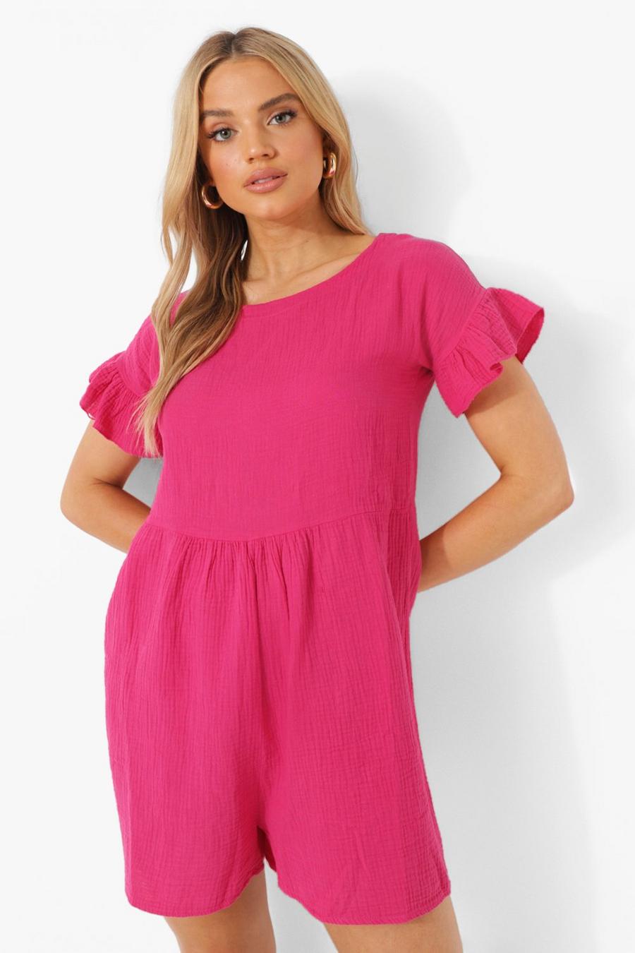Hot pink Textured Cotton Smock Playsuit image number 1