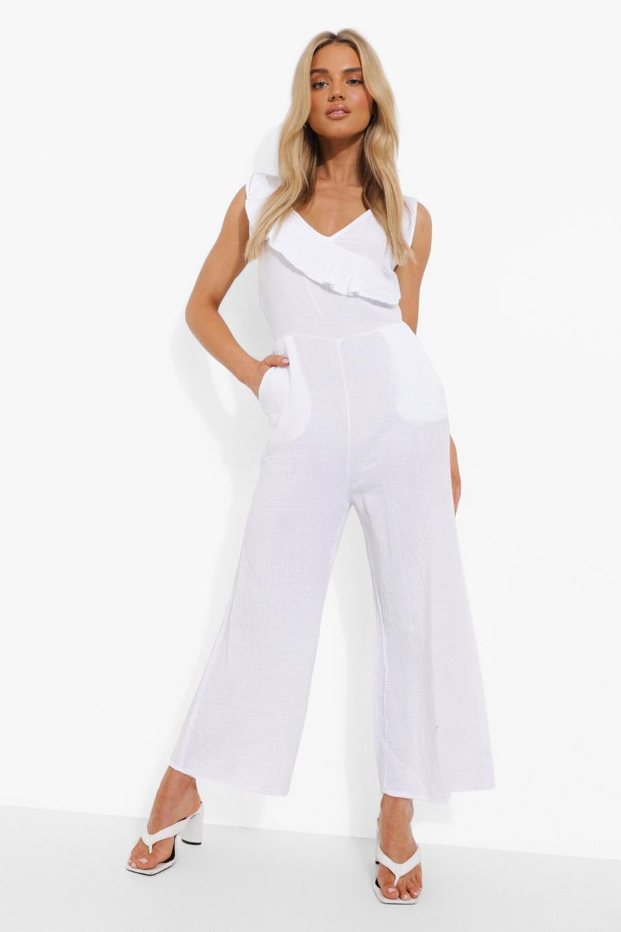 White Textured Cotton Frill Culotte Jumpsuit image number 1