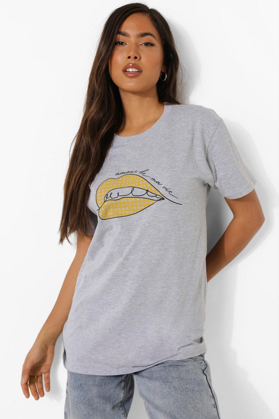 Gingham Oversize T-Shirt mit Lippenprint, Grey marl image number 1