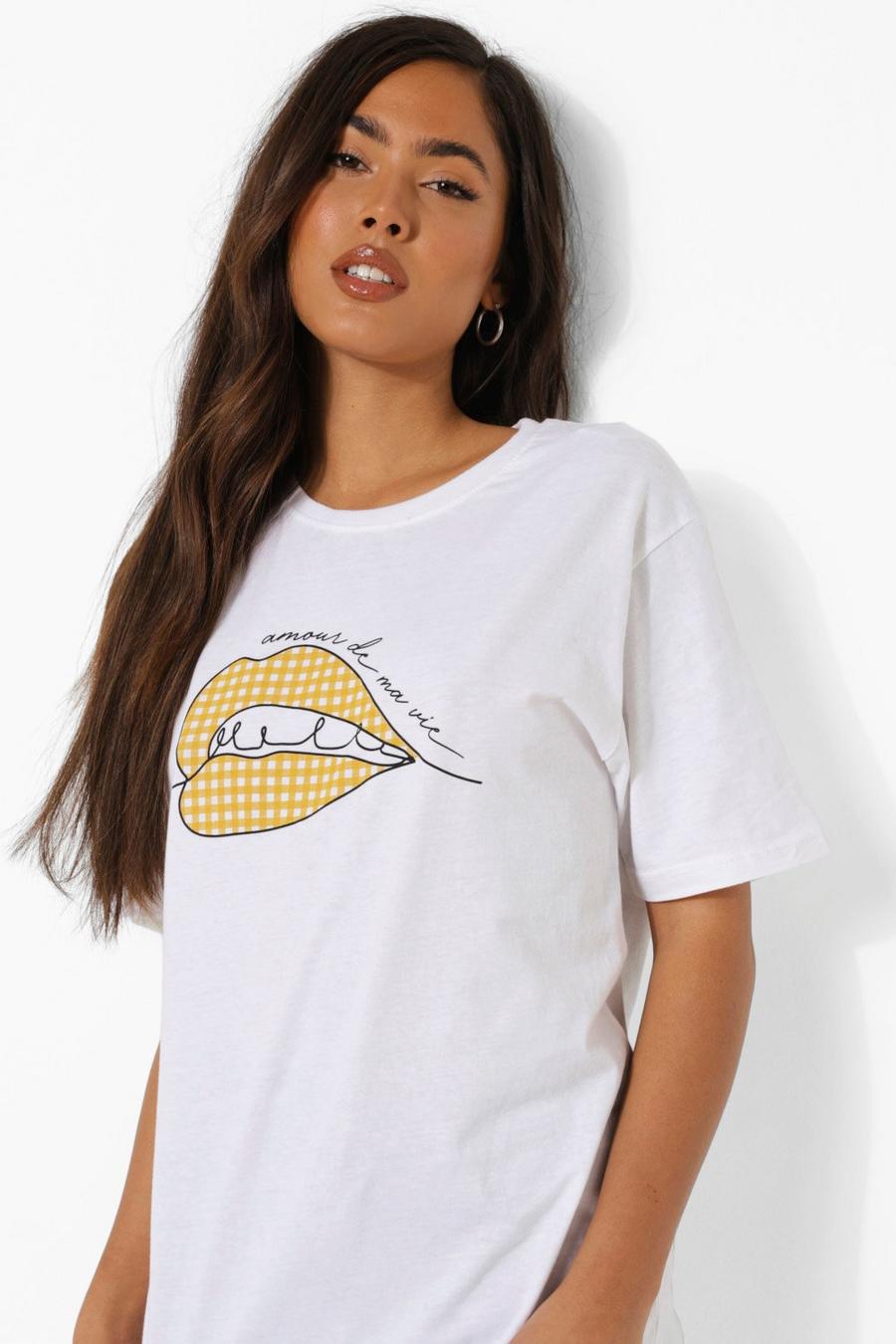 Gingham Oversize T-Shirt mit Lippenprint, White image number 1