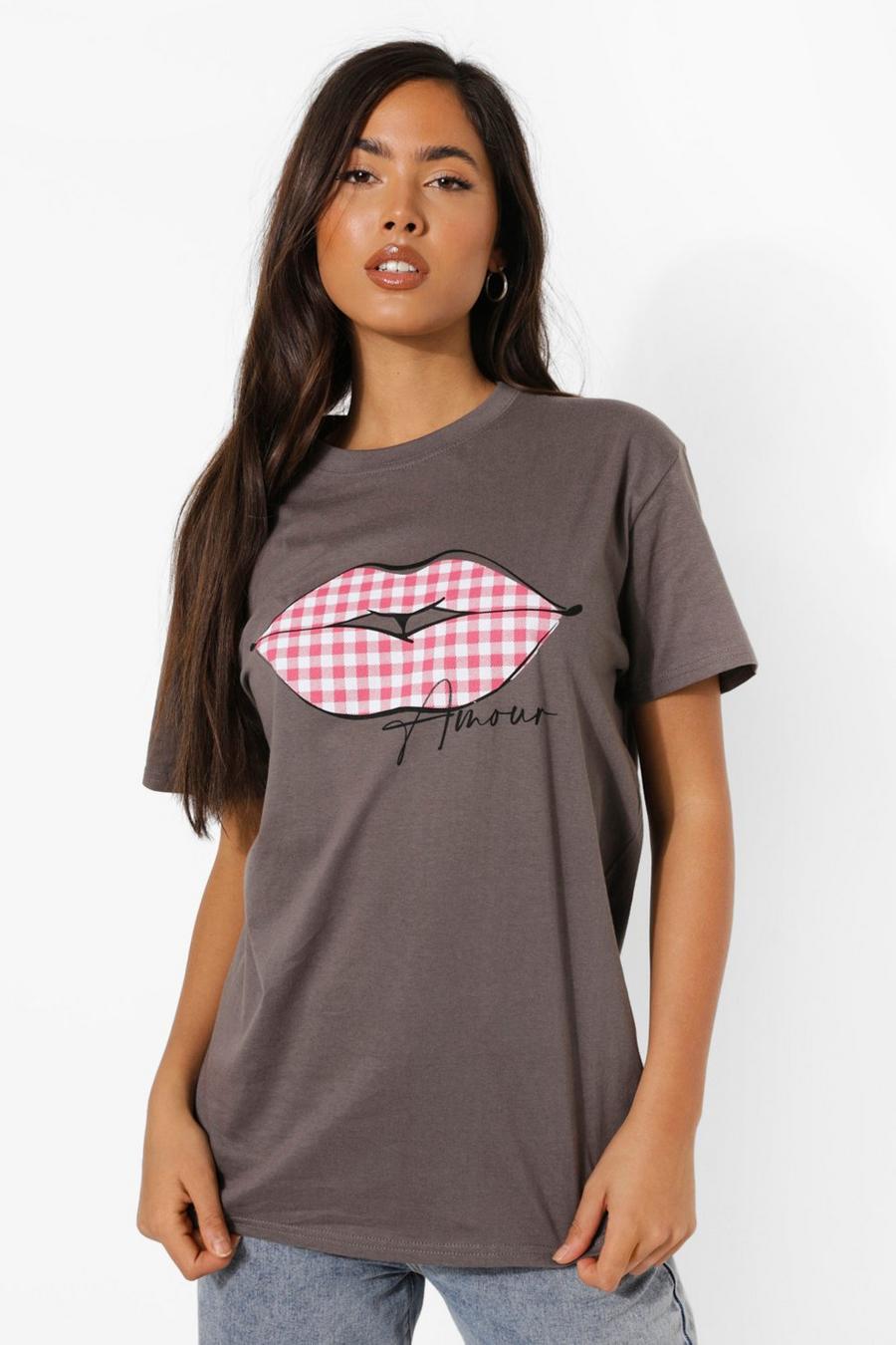 T-Shirt Oversize con grafica di labbra a quadretti, Charcoal image number 1