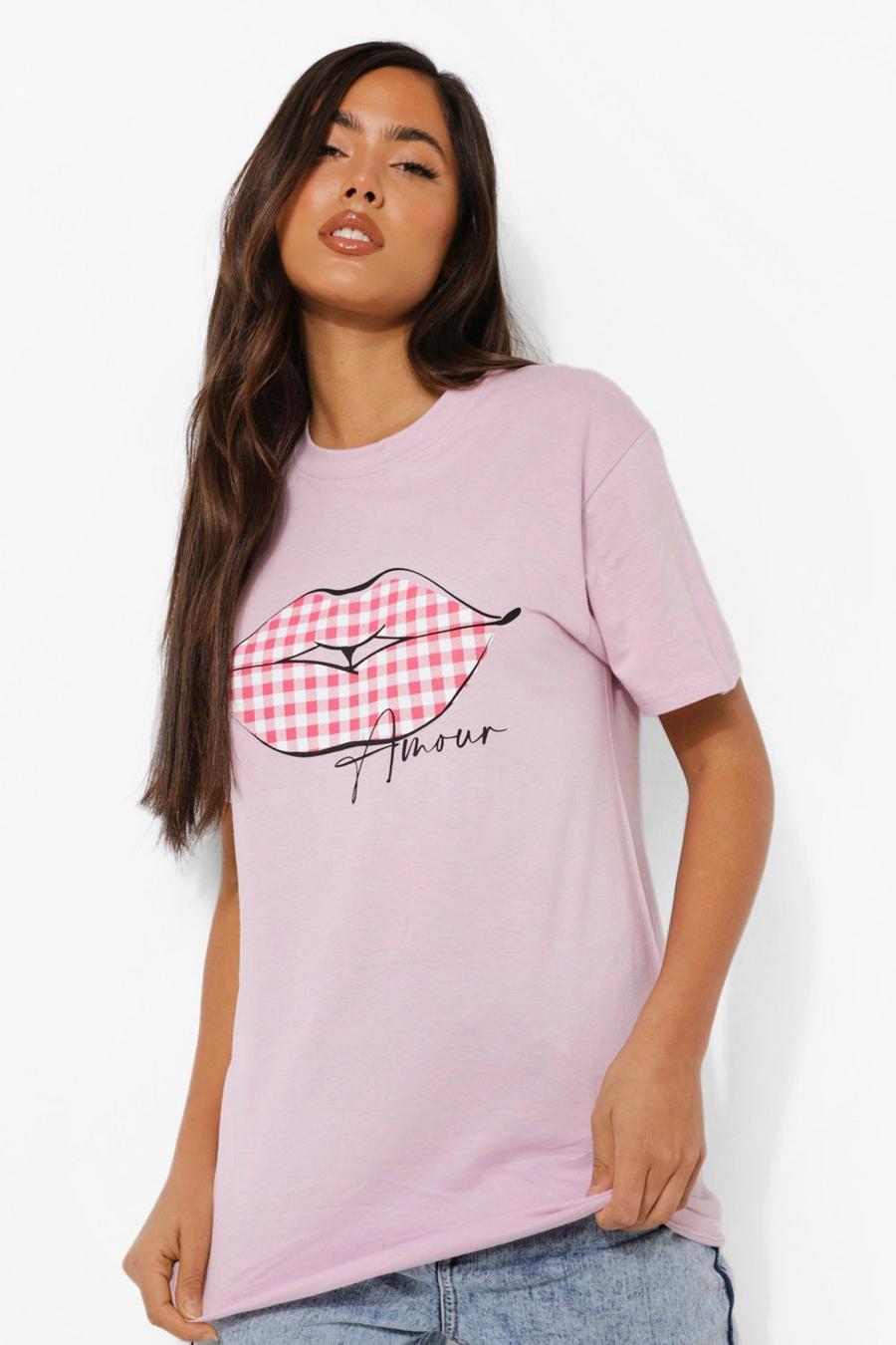 Lilac Gingham Lip Print Oversized T-shirt image number 1