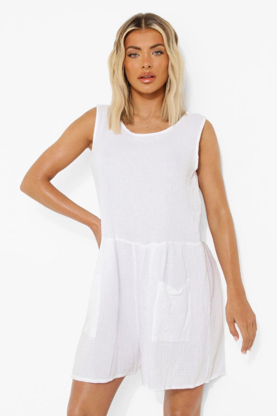White Textured Cotton Sleeveless Playsuit image number 1