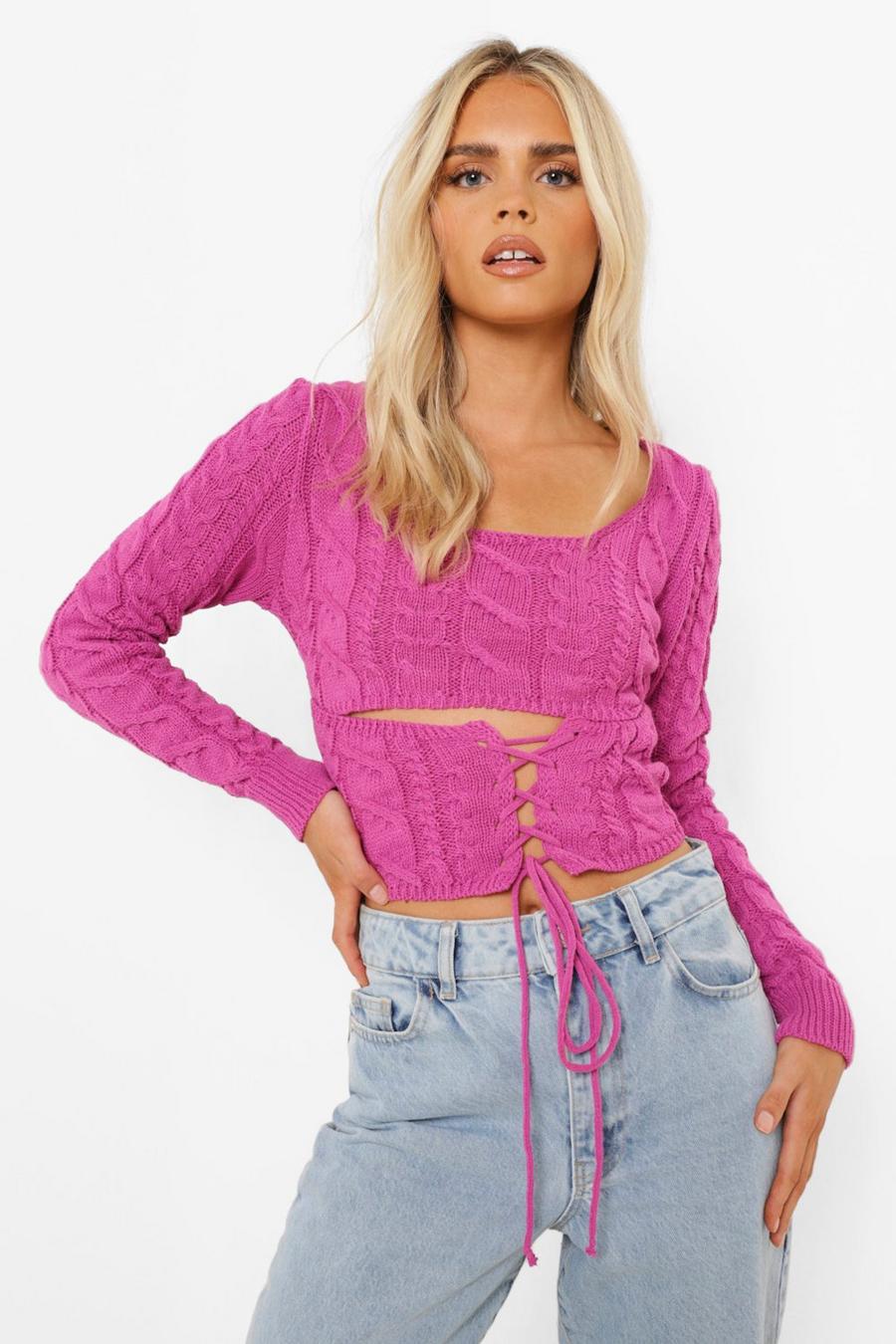 Fuchsia Cable Knit Lace Detail Corset Crop Top image number 1