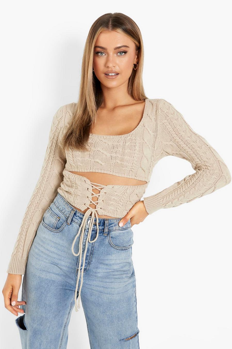 Stone Cable Knit Lace Detail Corset Crop Top image number 1