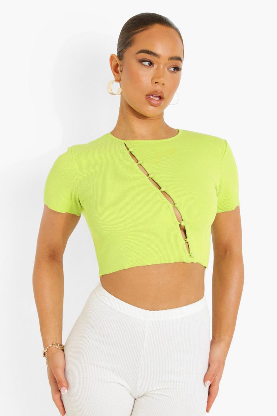 Lime Ribbed Button Up Short Sleeve Top image number 1