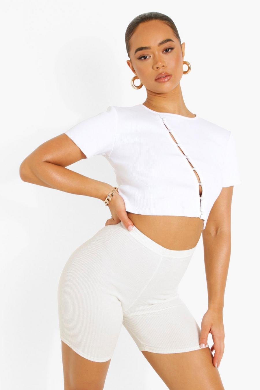 White Ribbed Button Up Short Sleeve Top image number 1