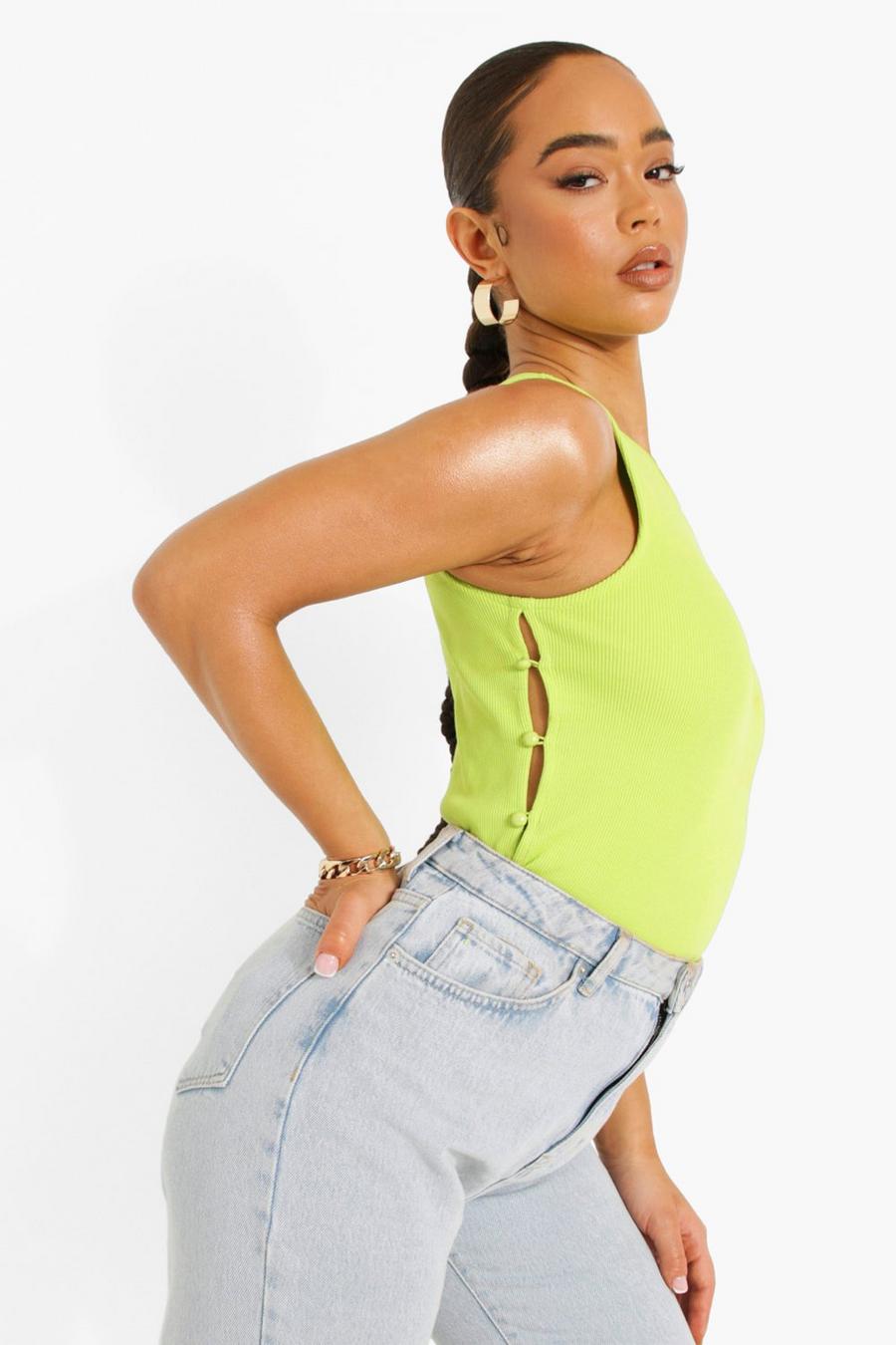 Lime Ribbed Side Button Detail Crop Top image number 1