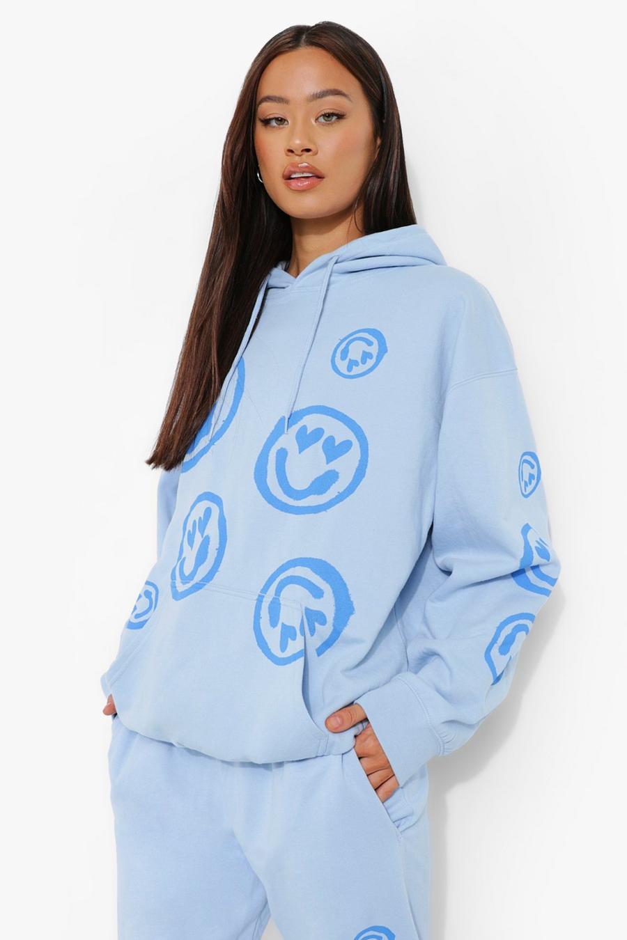Light blue Oversize hoodie med smileys image number 1