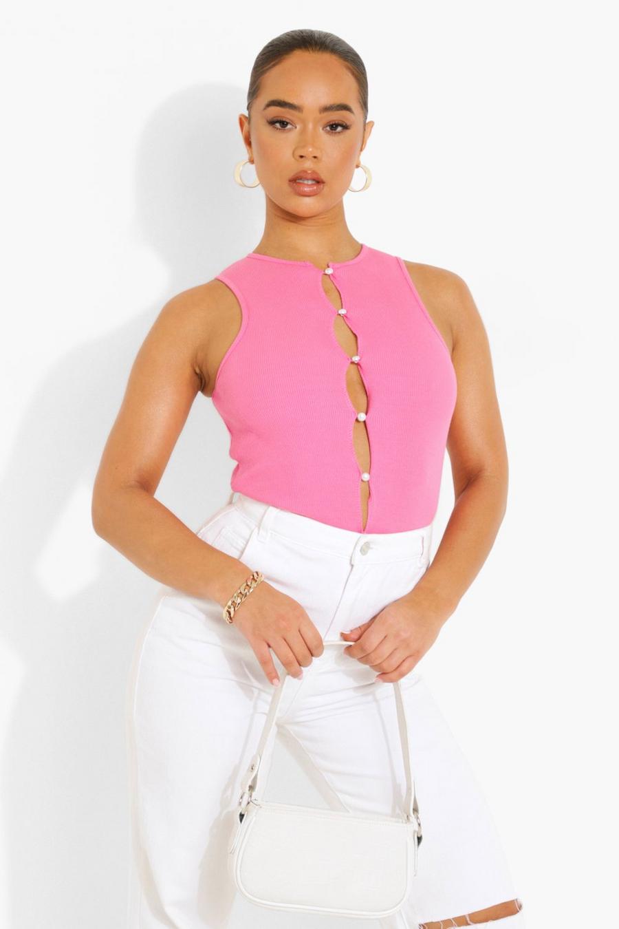 Pink Ribbed Front Button Detail Top image number 1