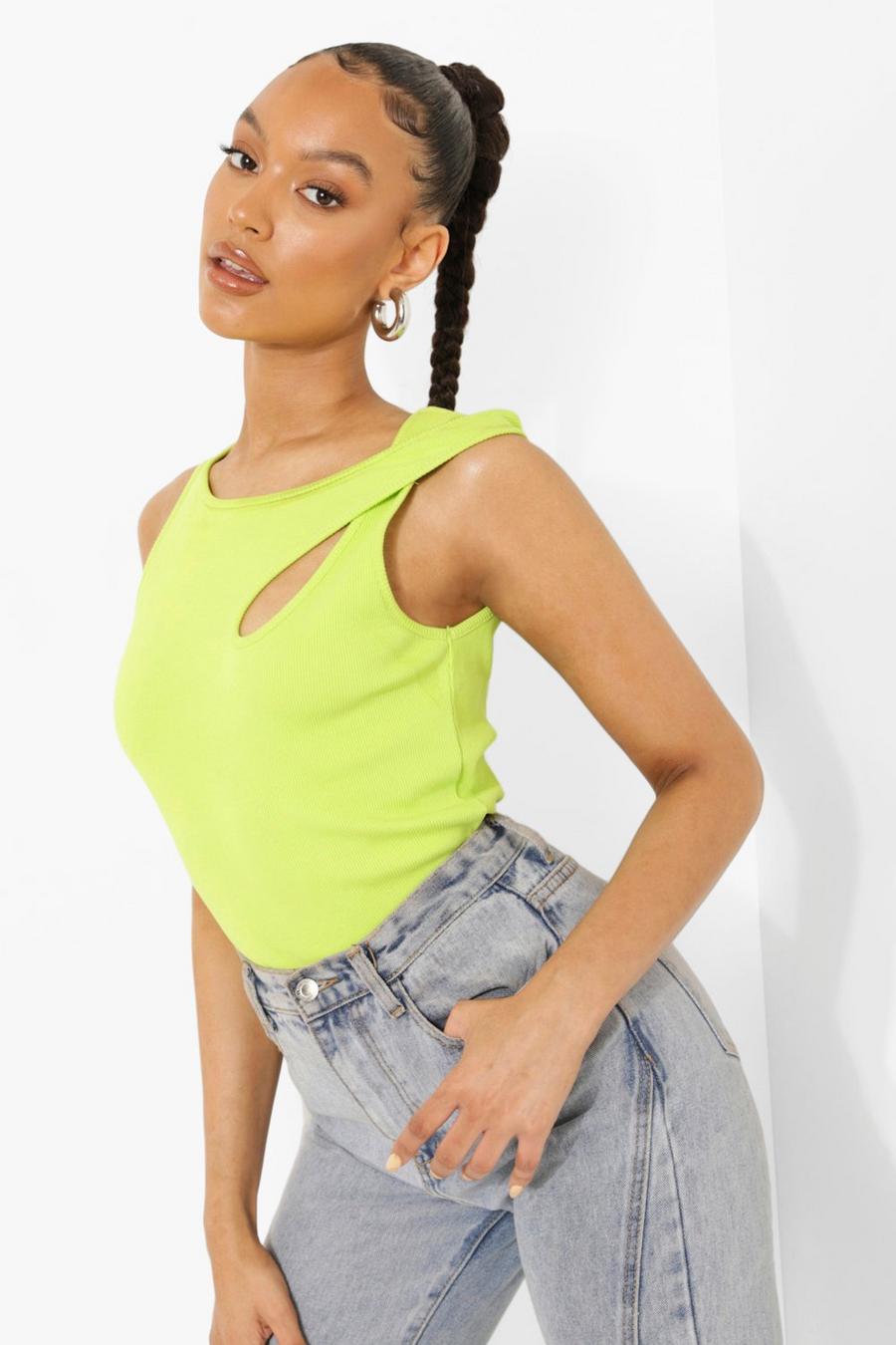Lime Ribbed Cut Out Crop Top image number 1