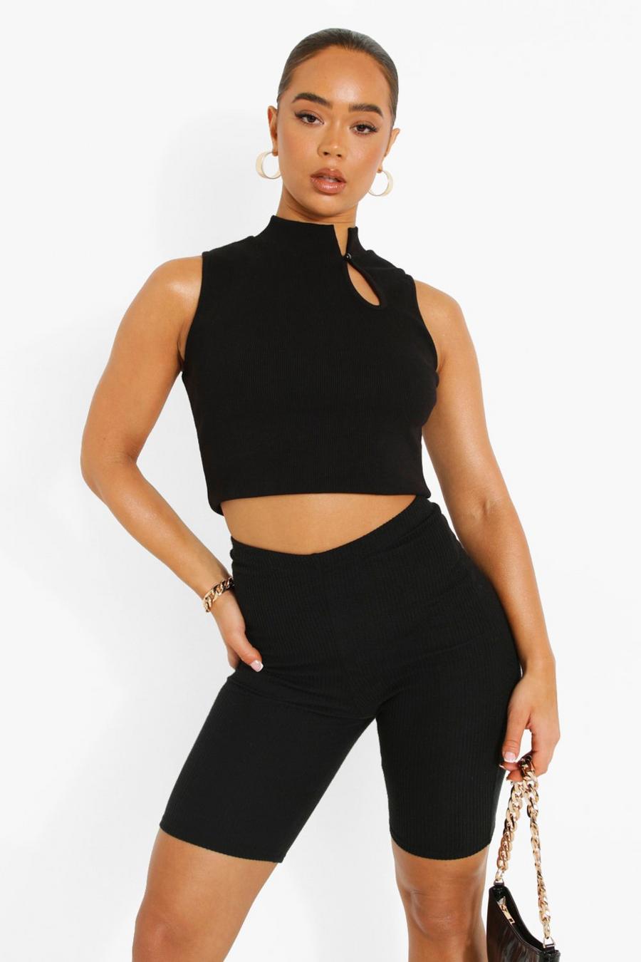 Black Ribbed Cut Out Detail Crop Top image number 1