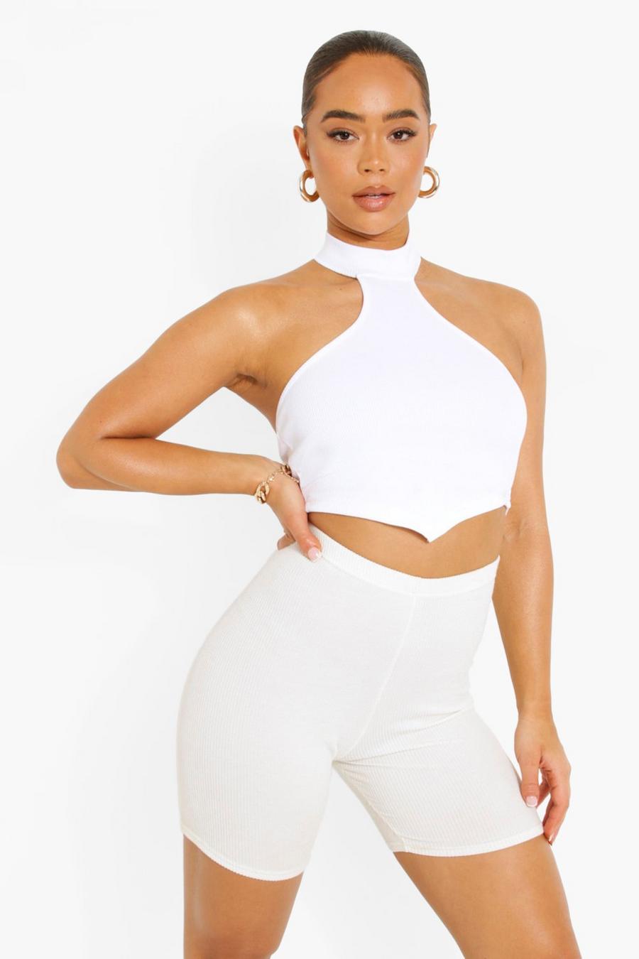 White High Neck Ribbed Crop Top image number 1