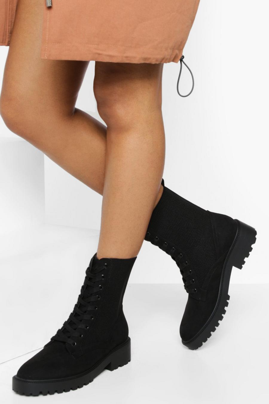 Black Knitted Panel Combat Boots image number 1