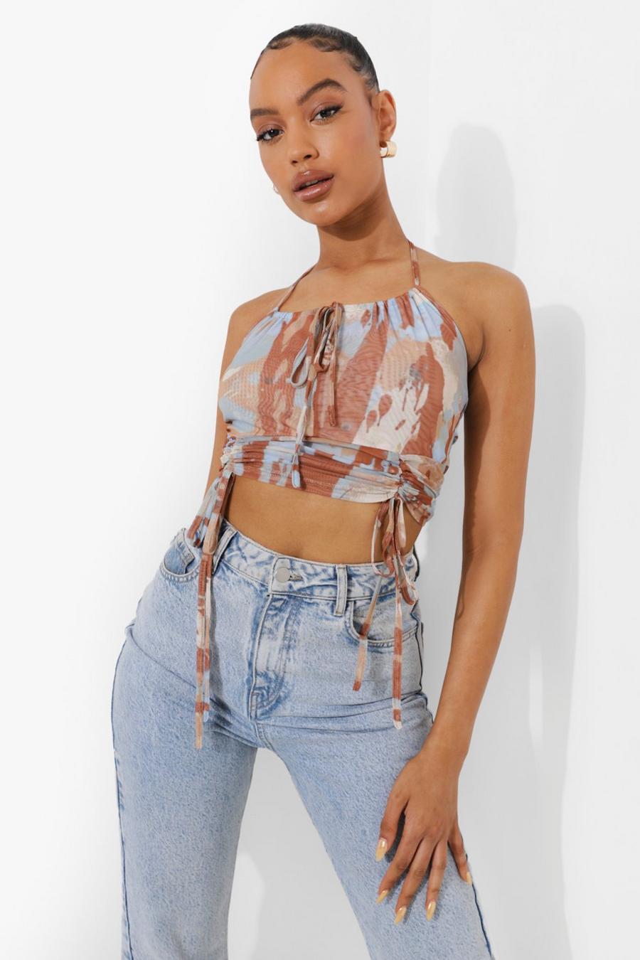 Brown Marble Print Ruched Front Top image number 1