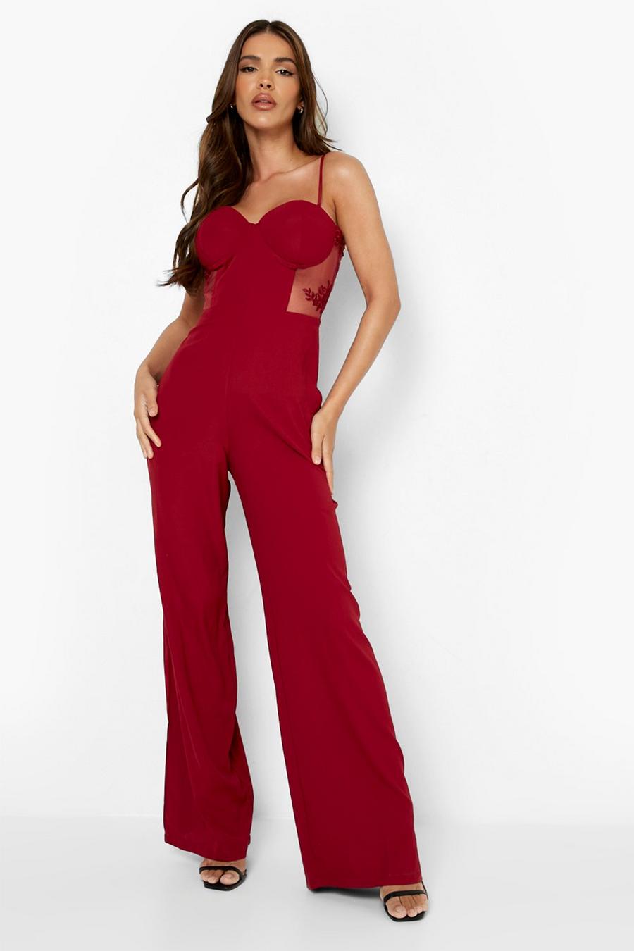 Berry red Contrast Lace Corset Wide Leg Jumpsuit image number 1