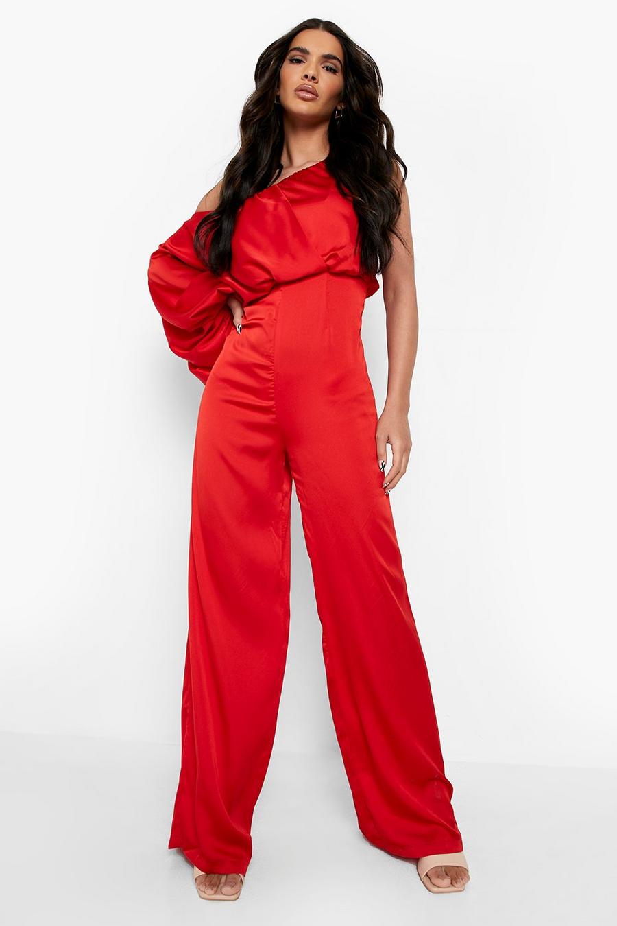 Red Satin Balloon Sleeve Culotte Jumpsuit image number 1