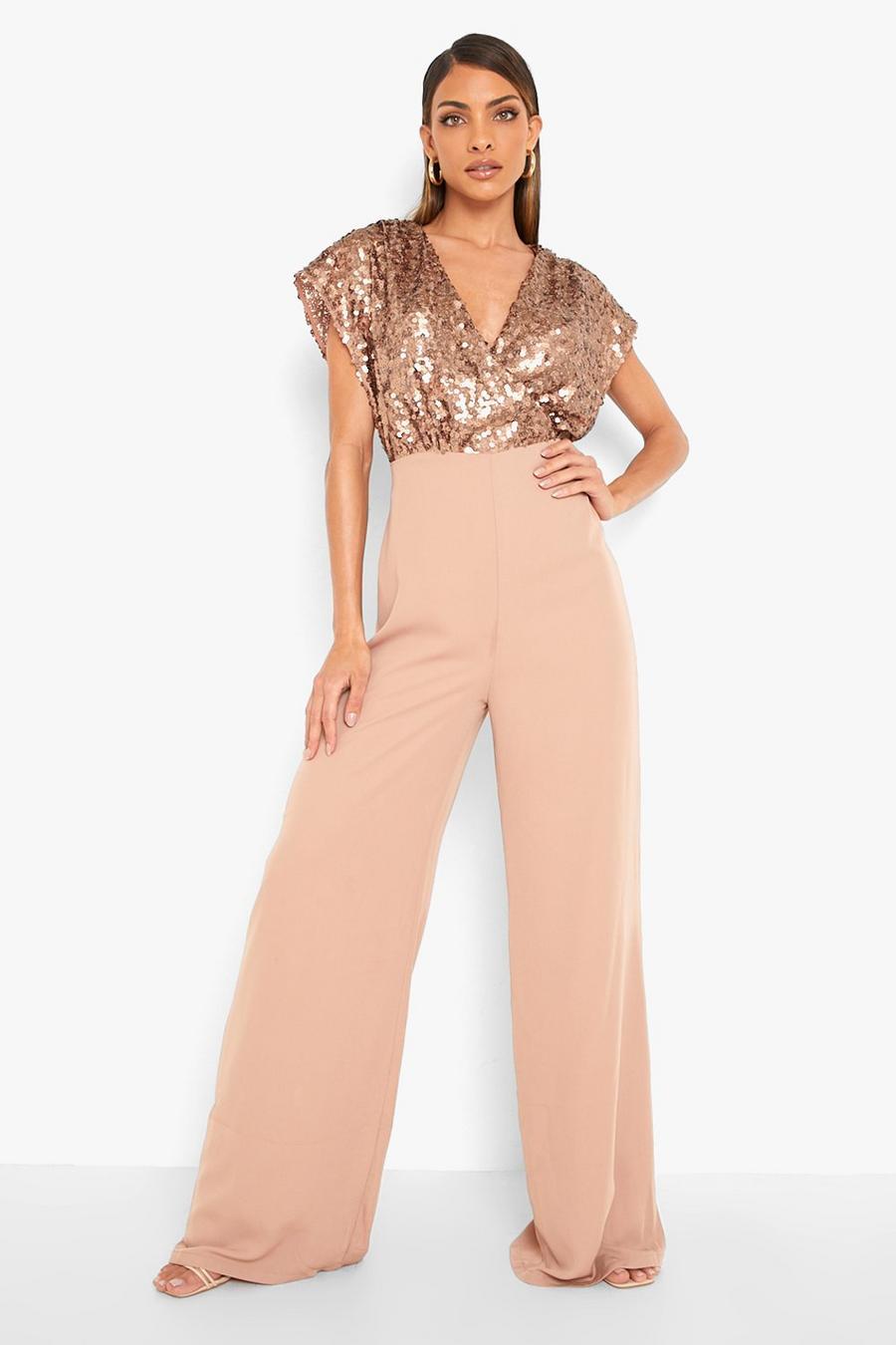 Pailletten Wickel-Jumpsuit mit weitem Bein, Bronze image number 1