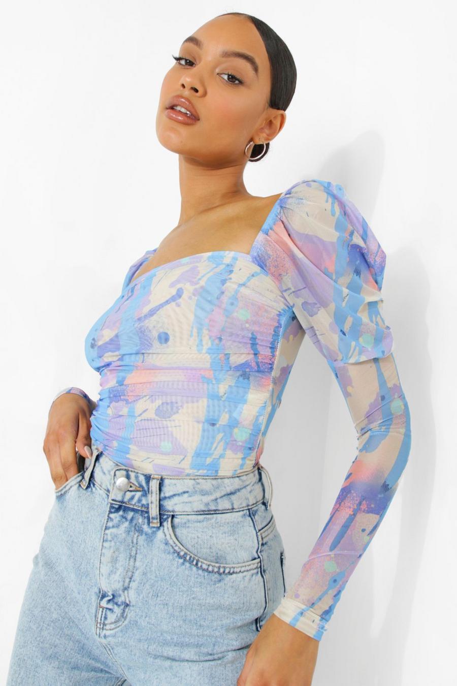 Blue Marble Puff Sleeve Bodysuit image number 1