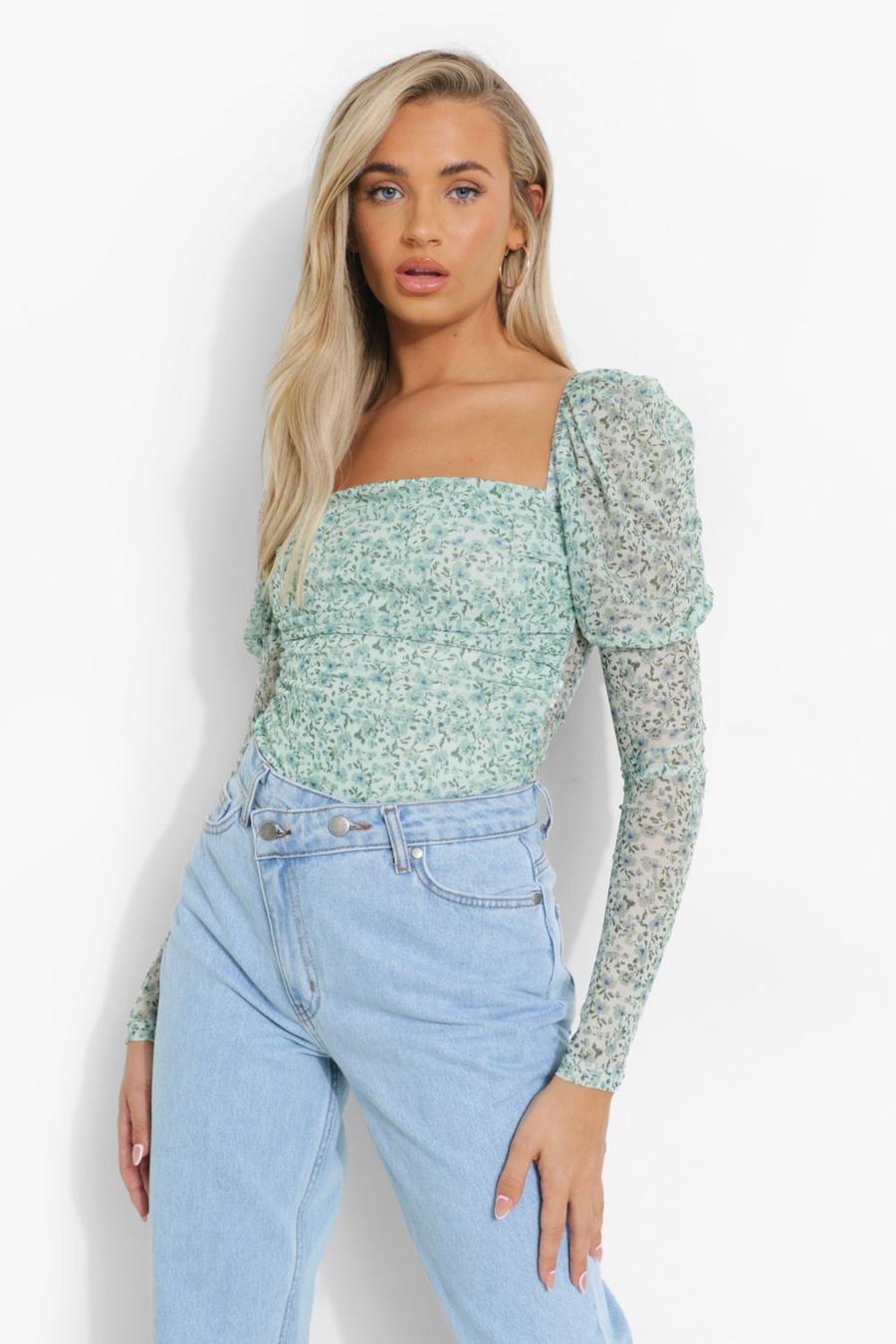 Green Floral Puff Sleeve Bodysuit image number 1