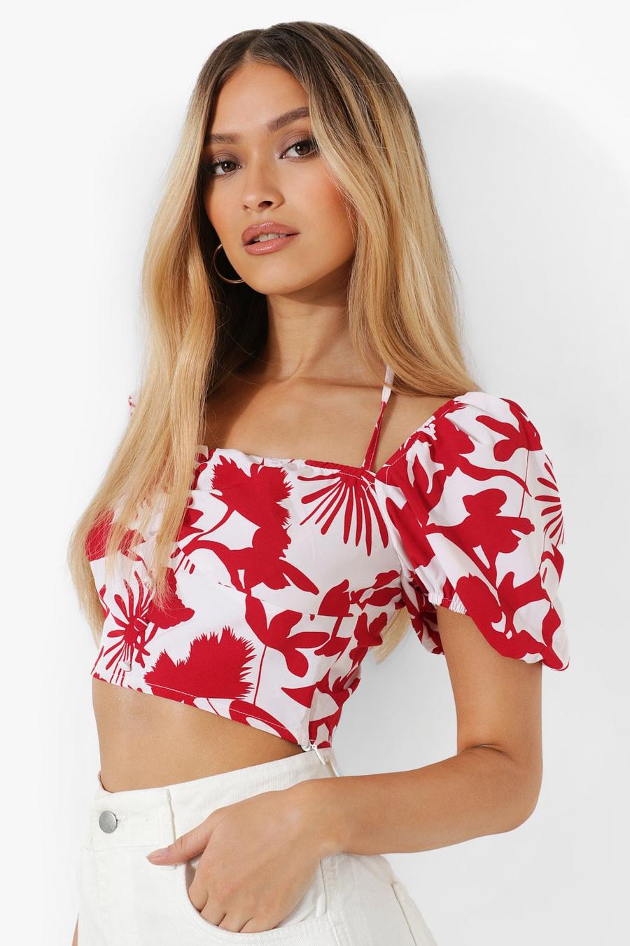 White Woven Floral Printed Ruched Bust Top image number 1