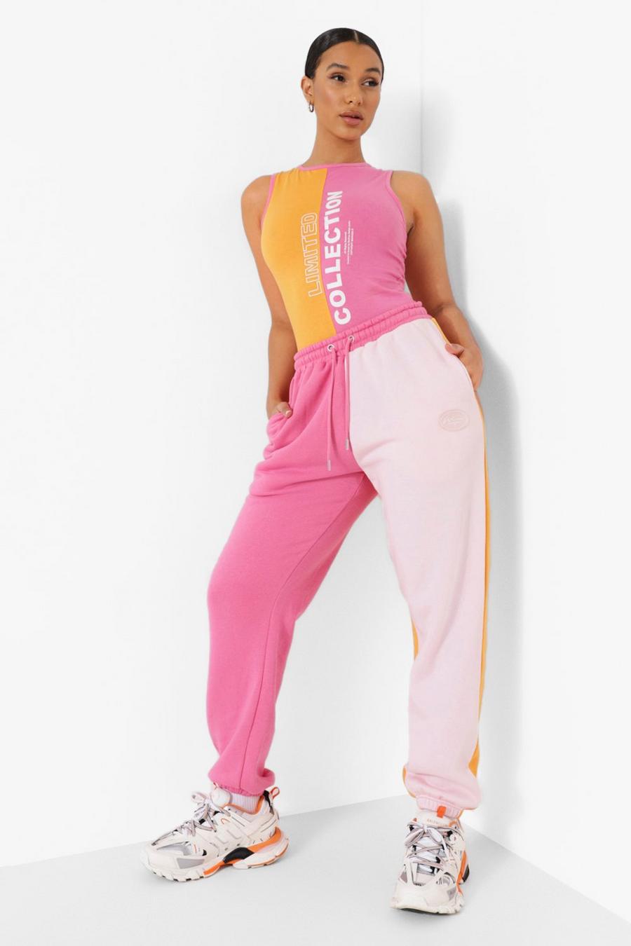 Pink Color Block Spliced Joggers image number 1