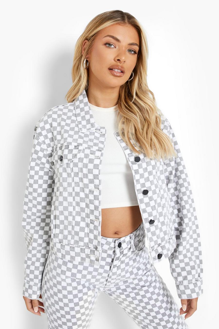 White Checkerboard Boxy Denim Jacket image number 1