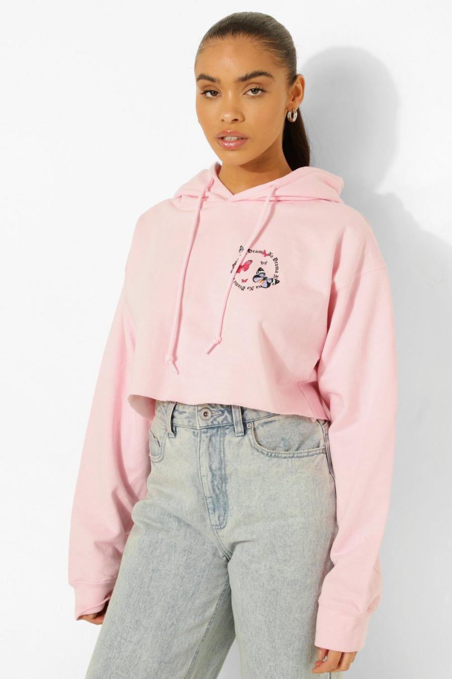 Baby pink Butterfly Print Pocket Print Cropped Hoodie image number 1