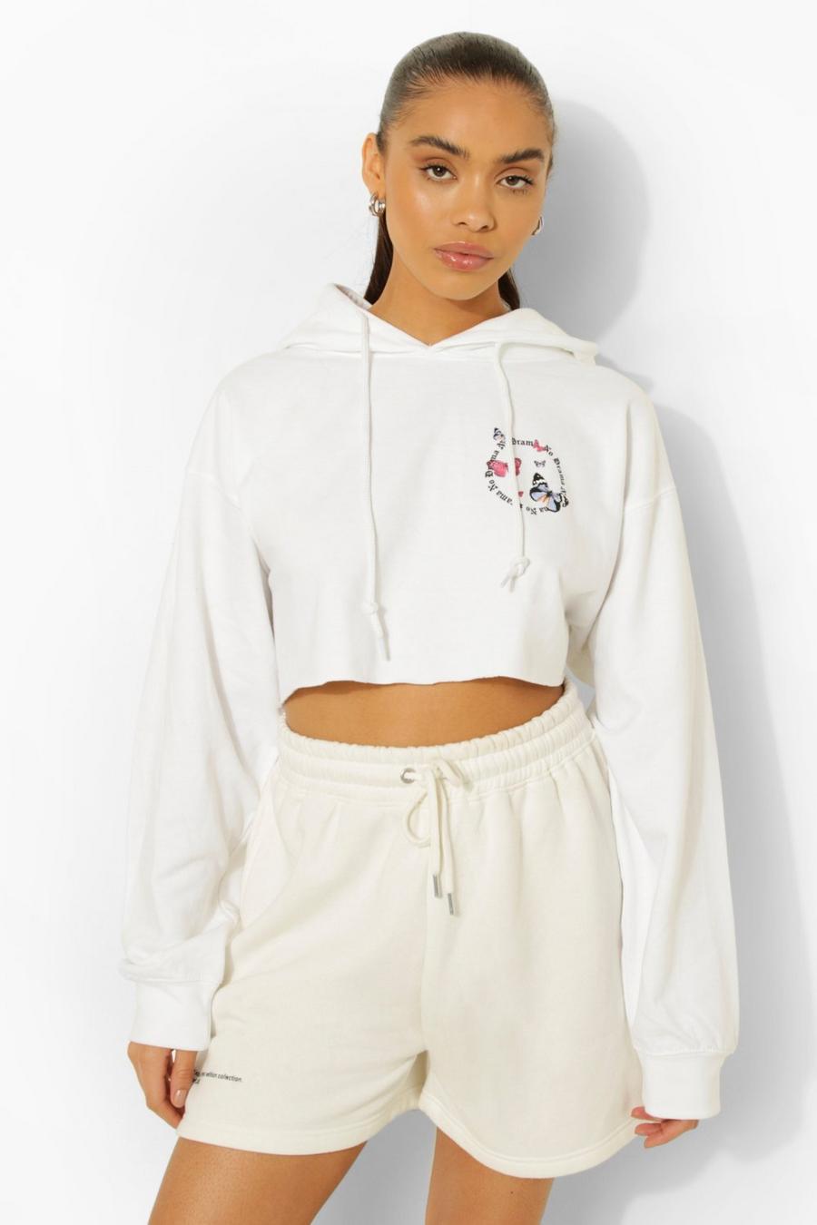 White Butterfly Print Pocket Print Cropped Hoodie image number 1