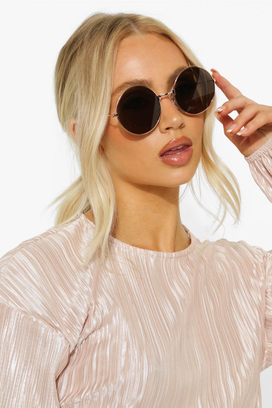 Gold Round Frame Brown Tinted Sunglasses