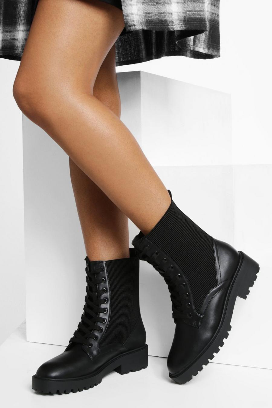 Black Knitted Panel Combat Boots image number 1