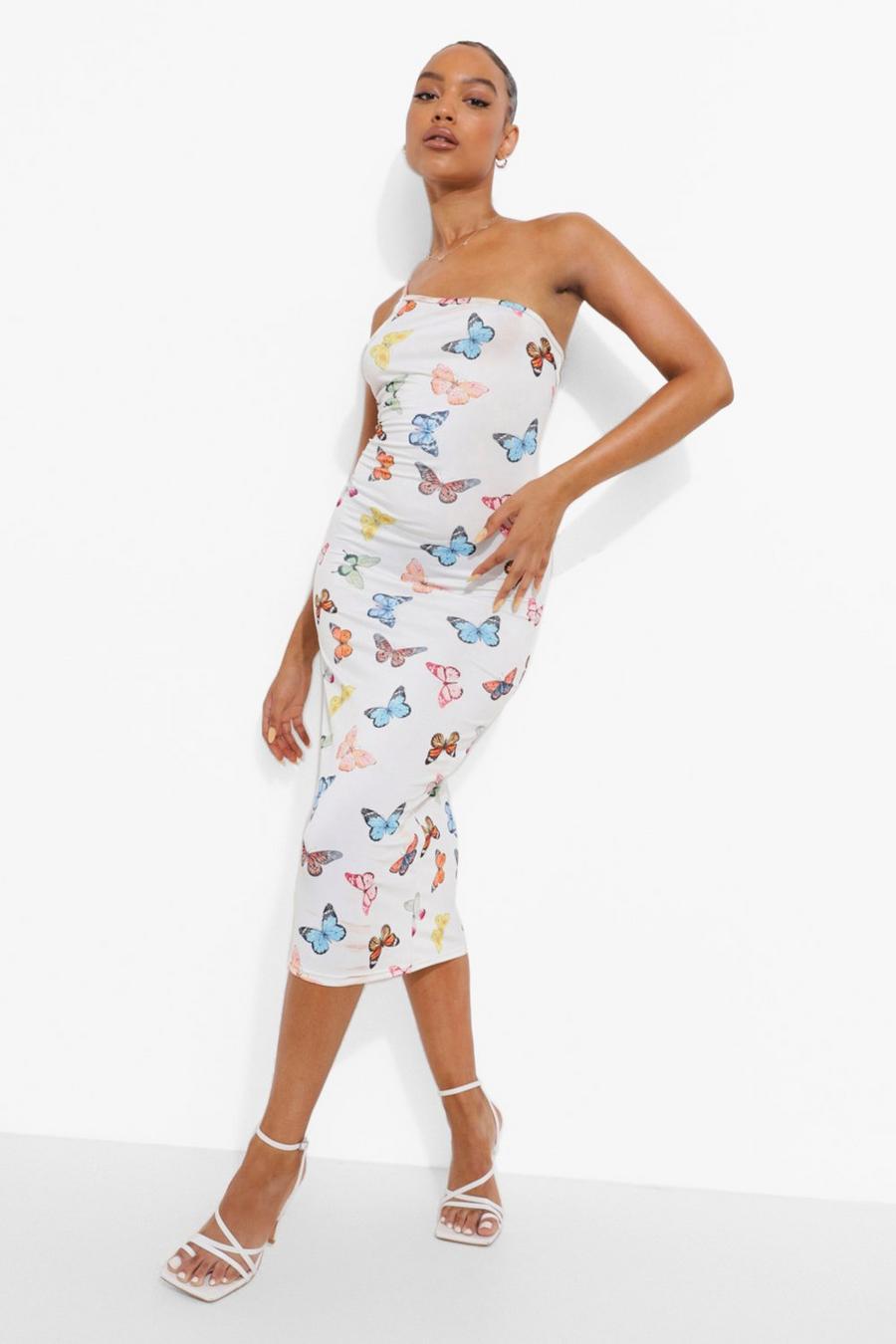 White Slinky Butterfly Print One Strap Midi Dress image number 1