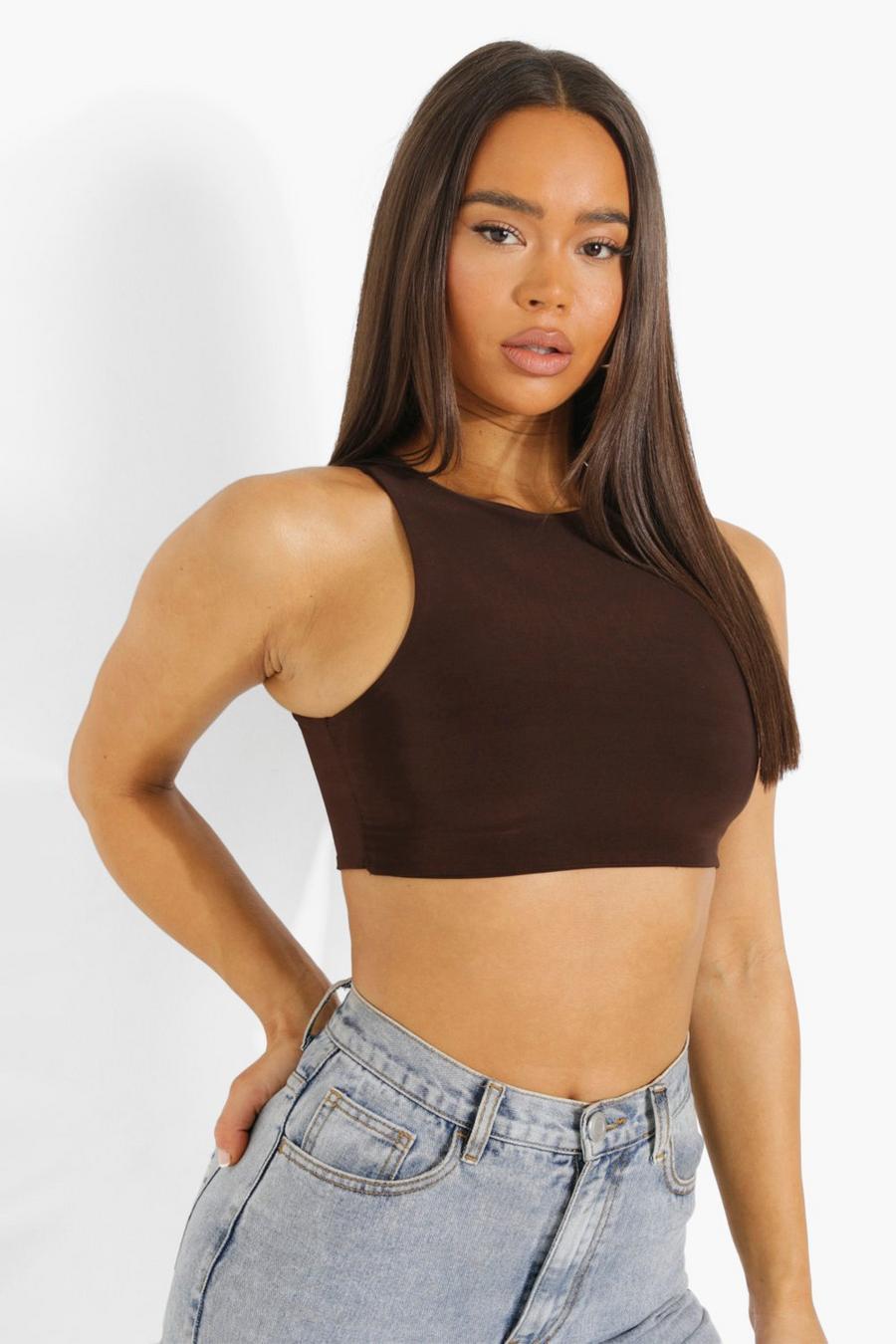 Chocolate Double Layer Racer Neck Crop Top image number 1