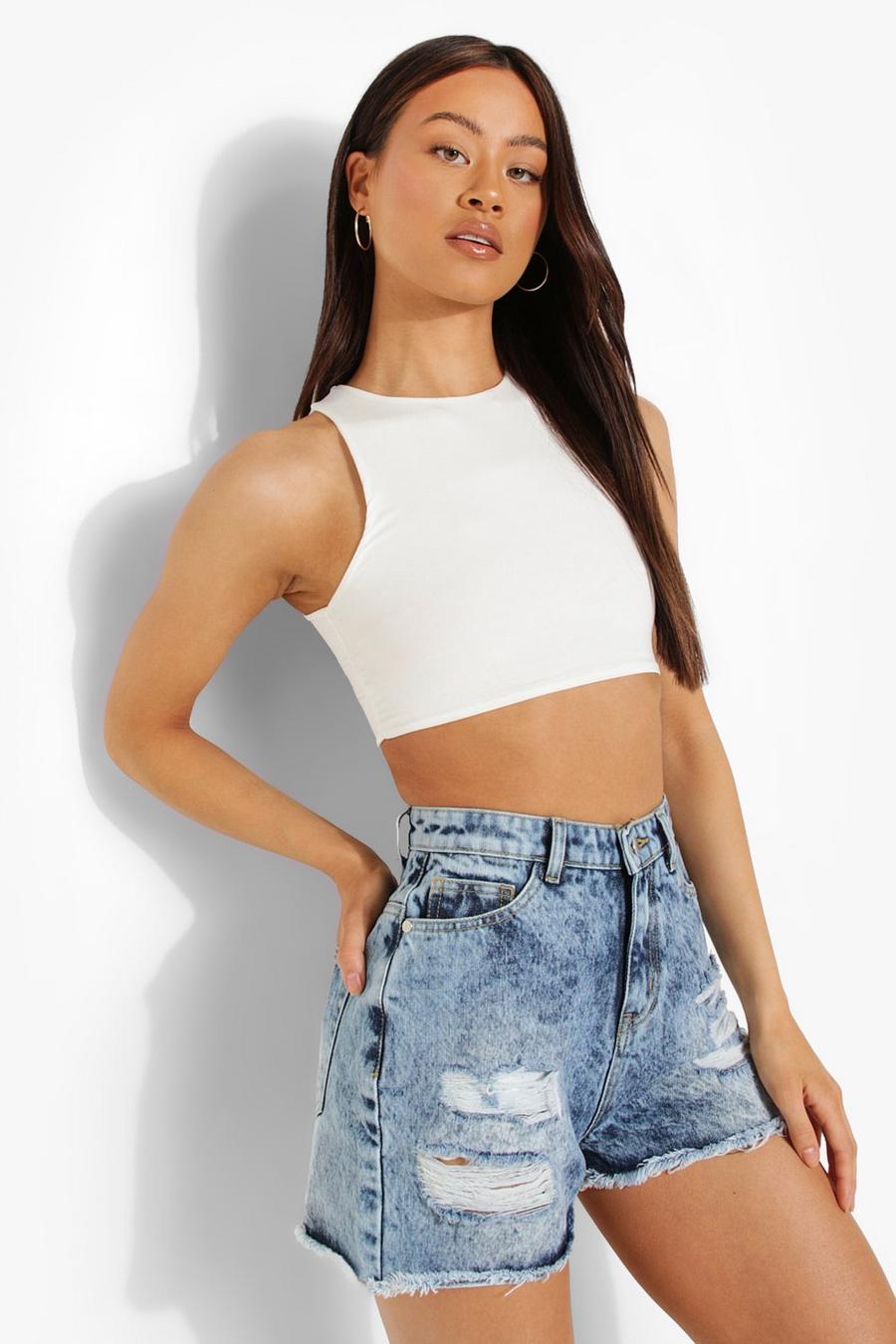 White Double Layer Racer Neck Crop Top image number 1