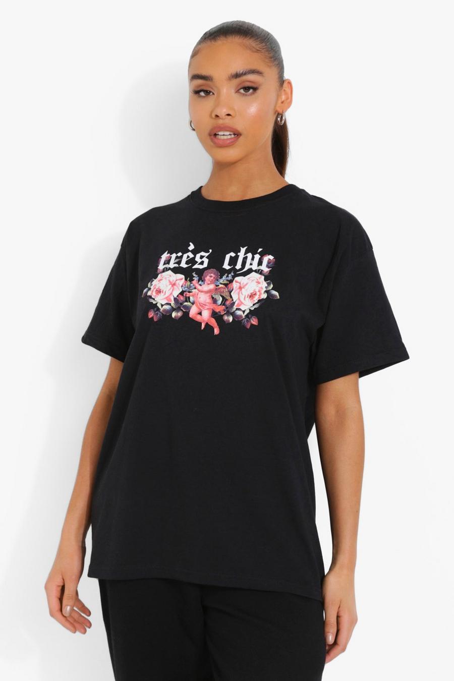 T-shirt Oversize con stampa "Tres Chic" e cherubino, Black image number 1