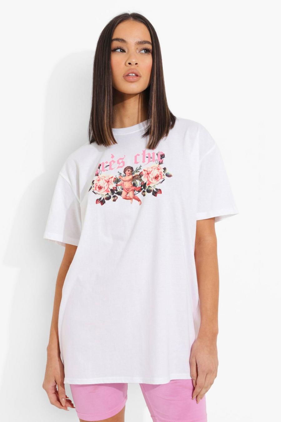 T-shirt Oversize con stampa "Tres Chic" e cherubino, White image number 1