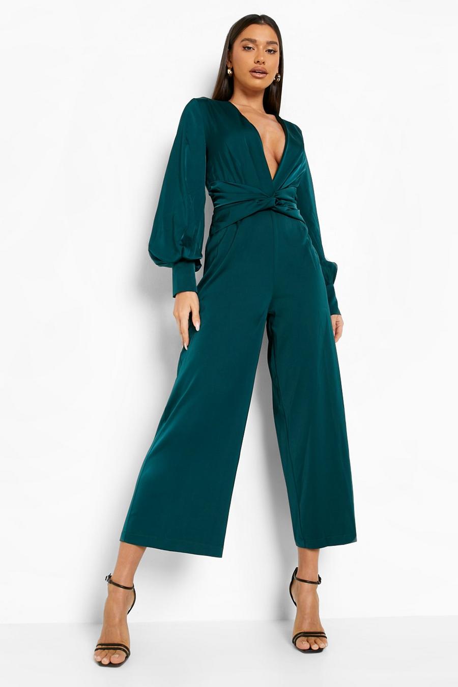 Emerald green Satin Twist Front Culotte Jumpsuit