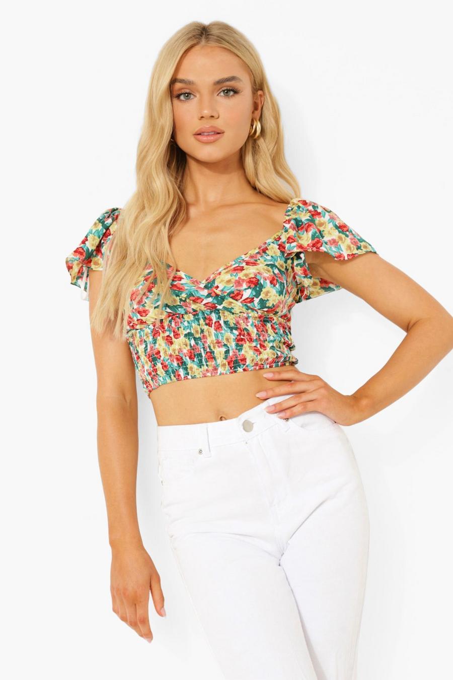White Floral Ruched Waist Crop Top image number 1