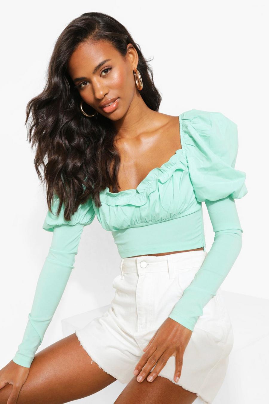 Mint Woven Ruffle Puff Sleeve Crop Top image number 1