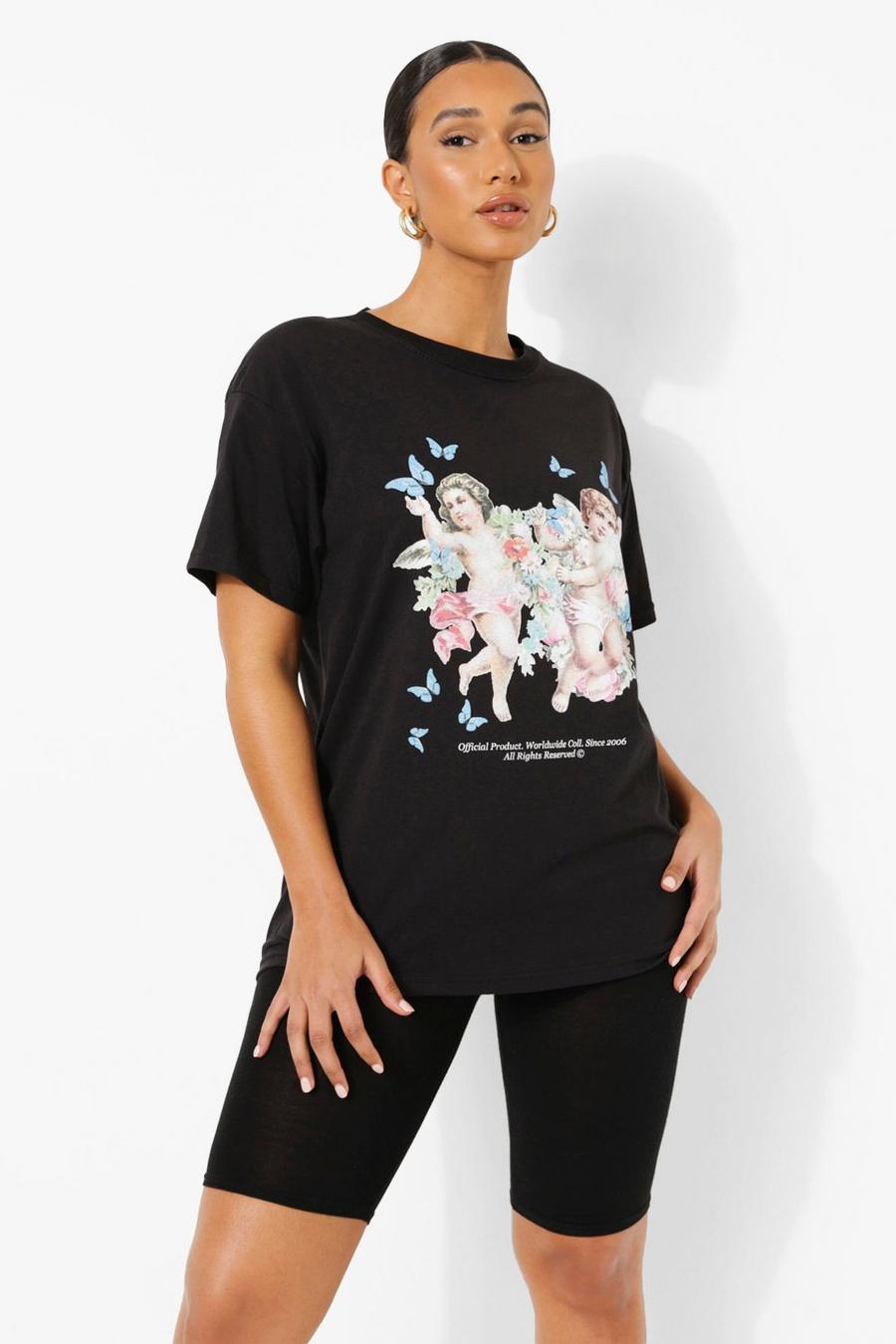 Black Butterfly Cherub Printed Oversized T-shirt image number 1