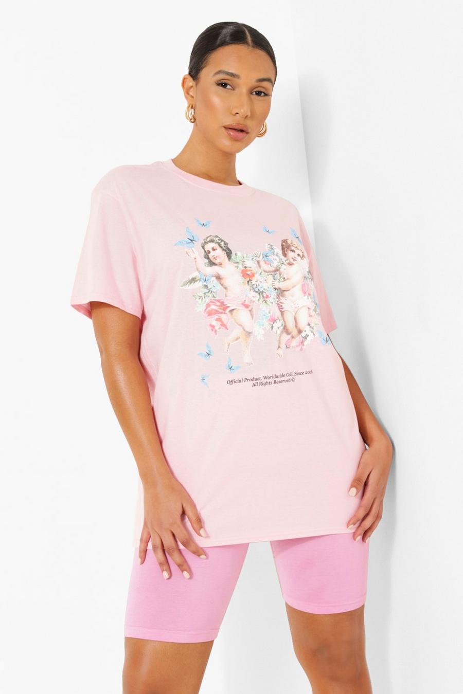 Pale pink Butterfly Cherub Printed Oversized T-shirt image number 1