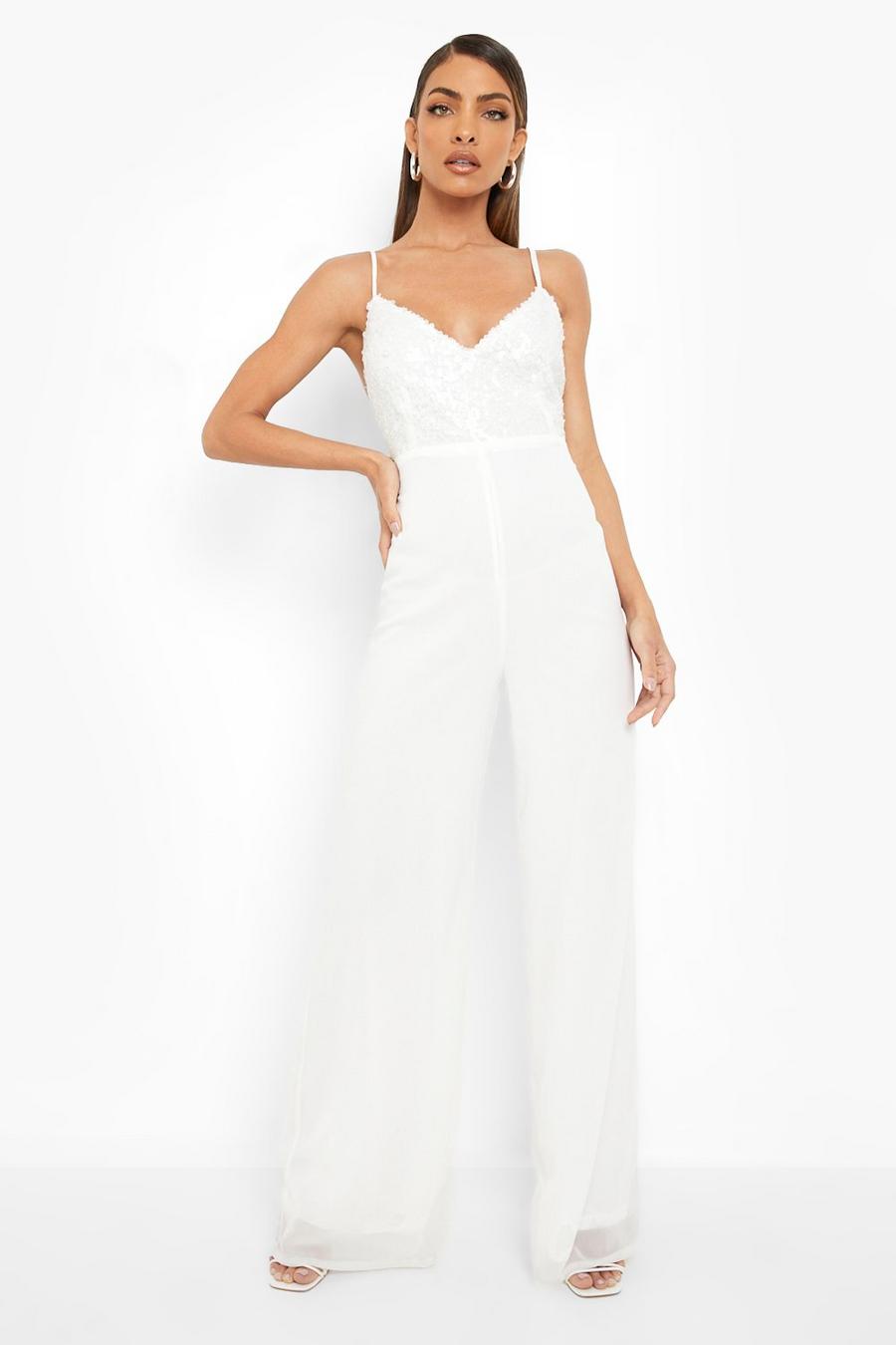 White Strappy Sequin Wide Leg Jumpsuit image number 1