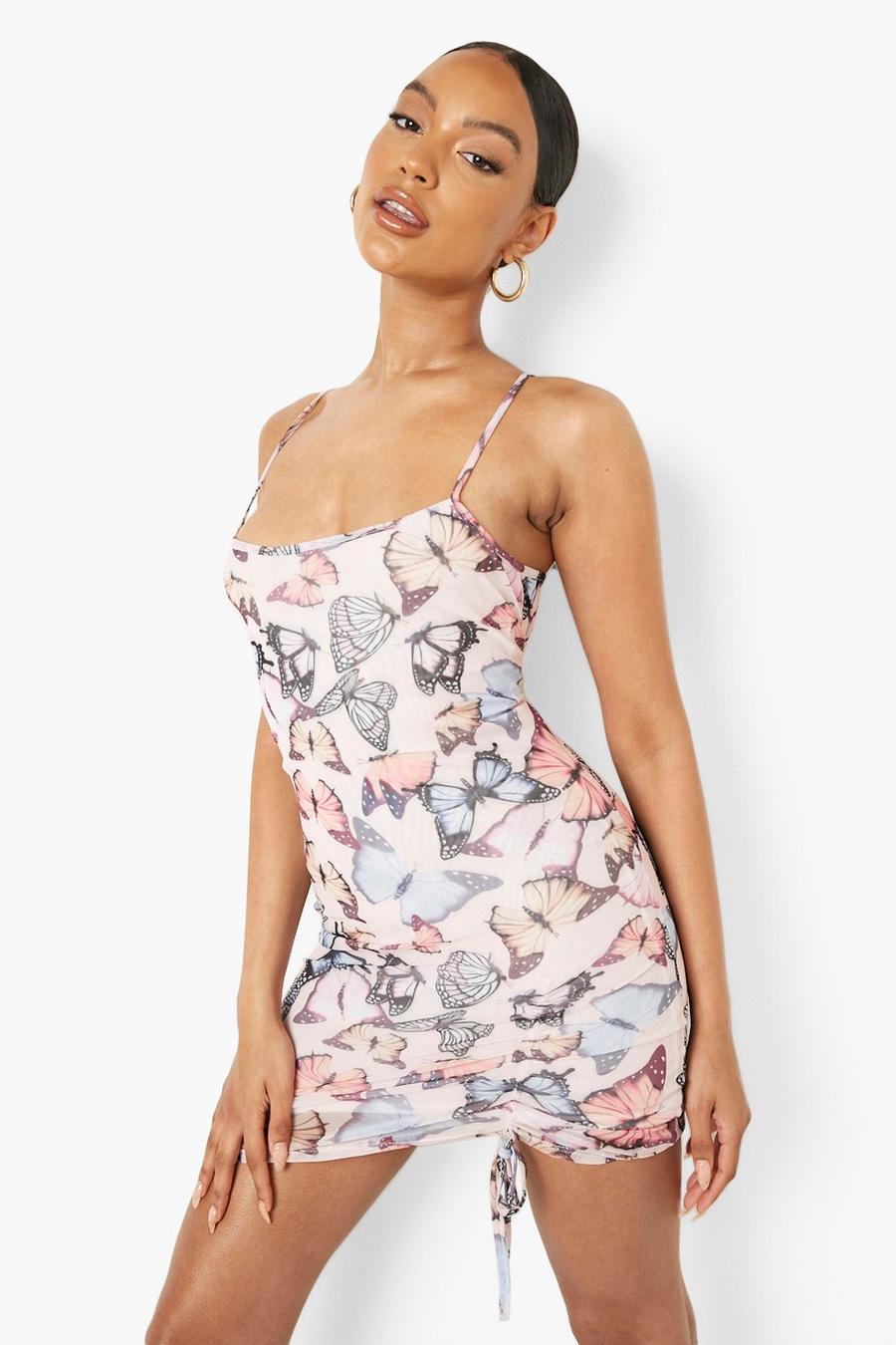 Pink Mesh Butterfly Print Ruched Front Mini Dress image number 1