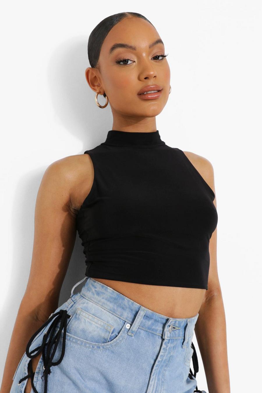 Black High  Neck Double Layer Crop Top image number 1