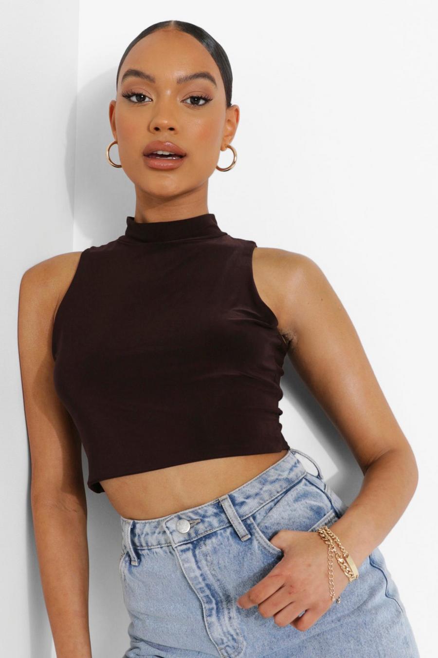 Chocolate High  Neck Double Layer Crop Top image number 1