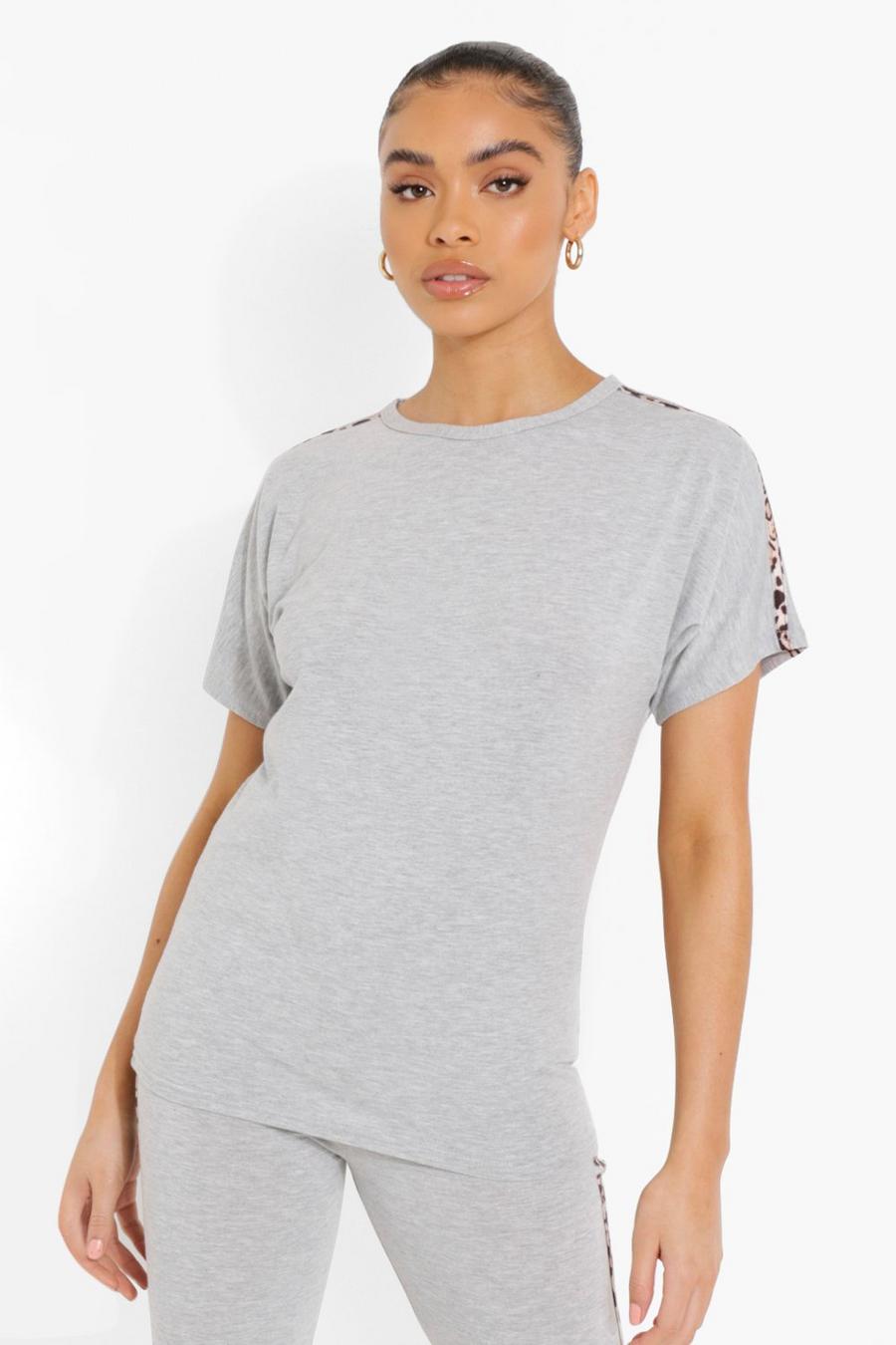 Grey marl Oversize t-shirt med leopardmönstrade ränder image number 1