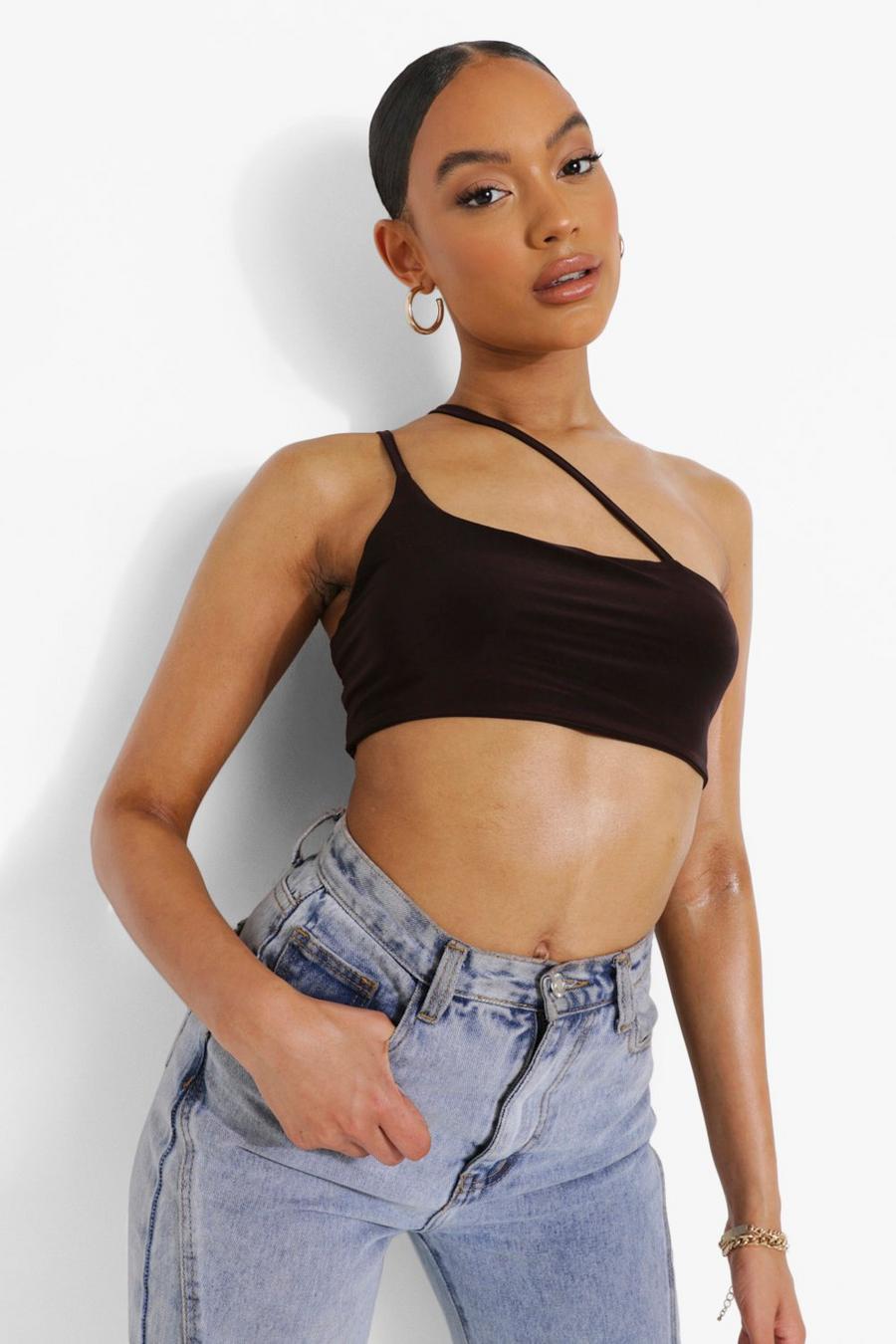 Chocolate Cross Strap Detail Double Layer Crop Top image number 1