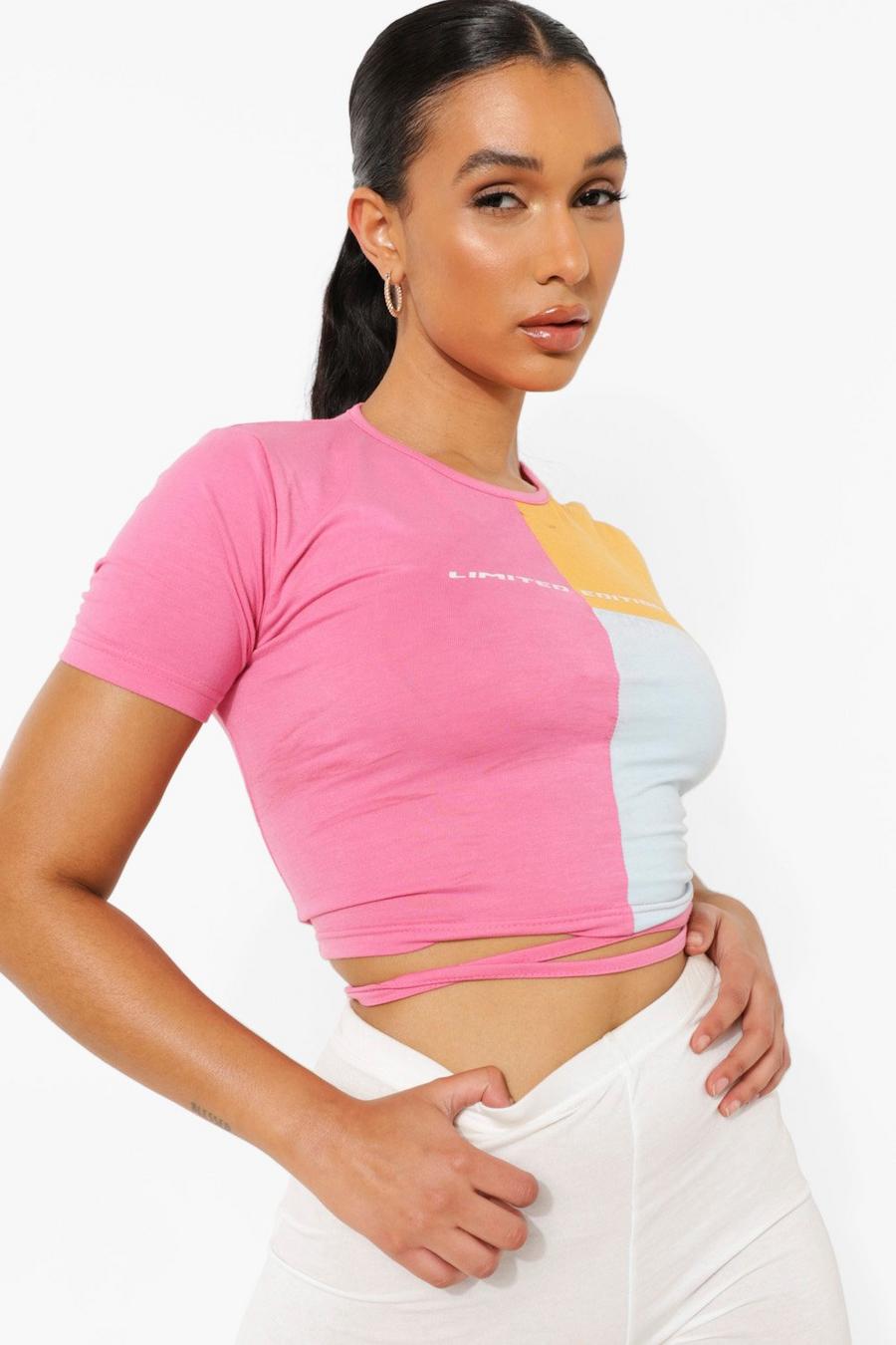 Pink Colour Block Lace Up Back Crop Top image number 1